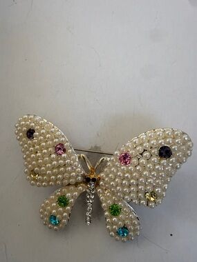 Pearl & Crystal Butterfly Brooch - Multicolor Accents